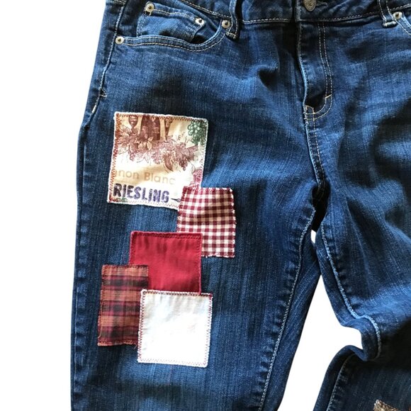 Upcycled Patched Jeans, 14 Junior: Handmade Patchwork Wine Theme Hippie Pants - Picture 10 of 11
